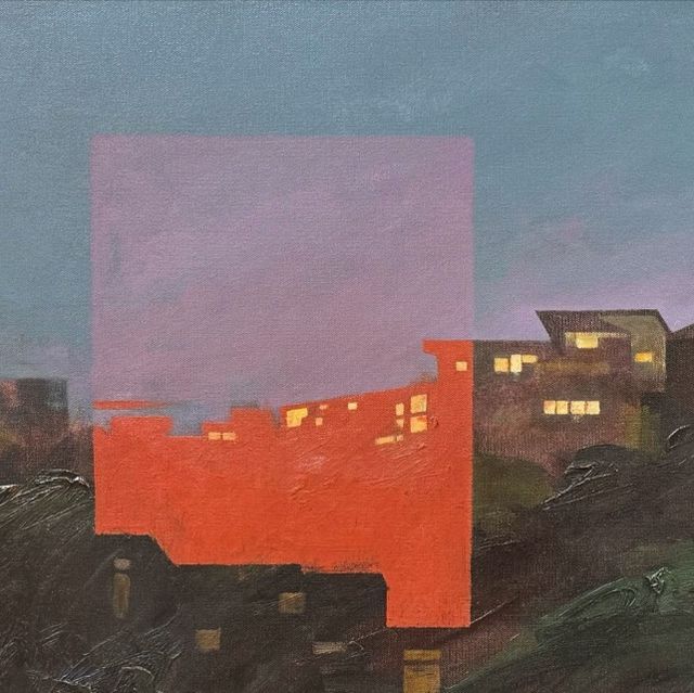 Painting of a city skyline at dusk with a translucent square overlay and a building glowing orange