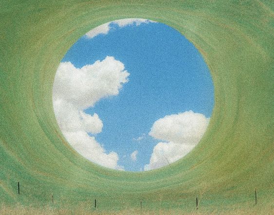 A circular hole cut through a grassy hill, opening onto a blue sky with clouds